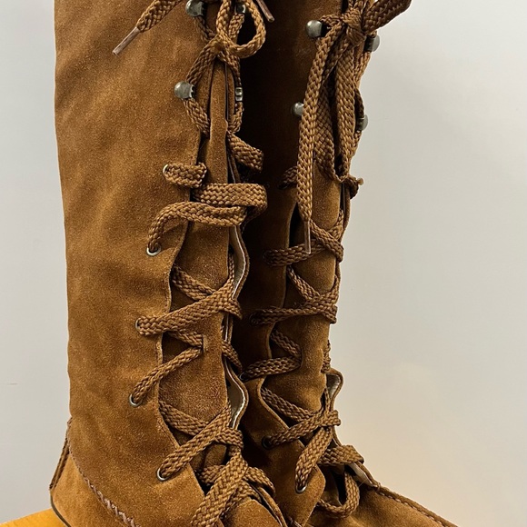 Brown Suede Lace-Up Knee-High Boots - Picture 2 of 3